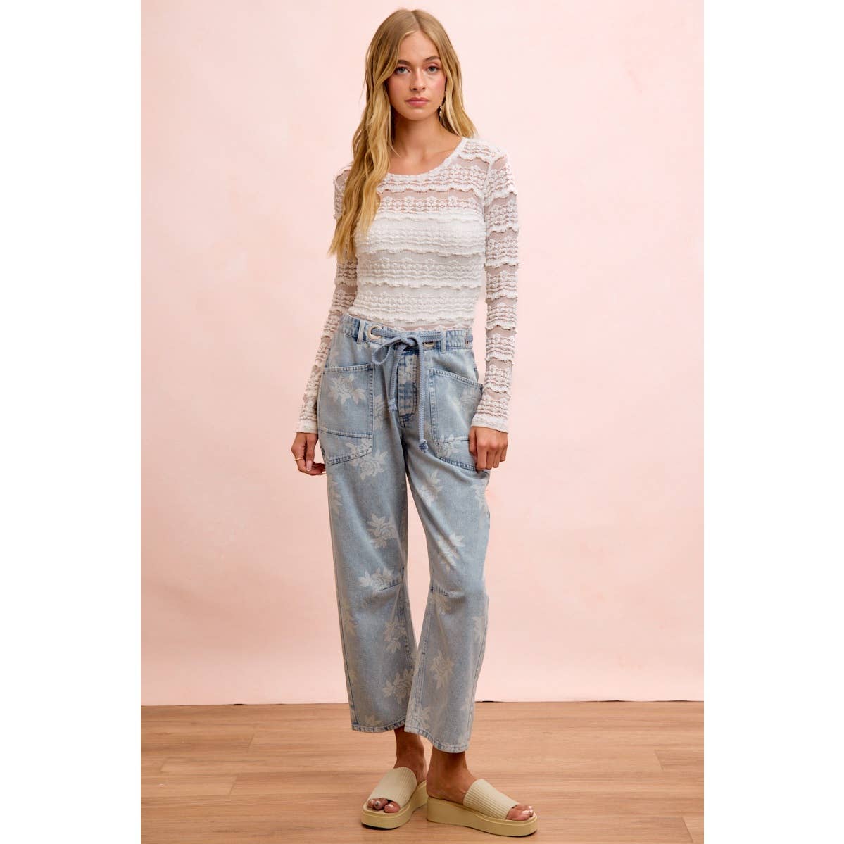 Rose Printed Washed Denim Pants