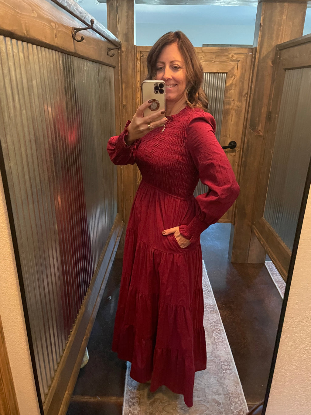 SMOCKED SWISS DOT MAXI DRESS