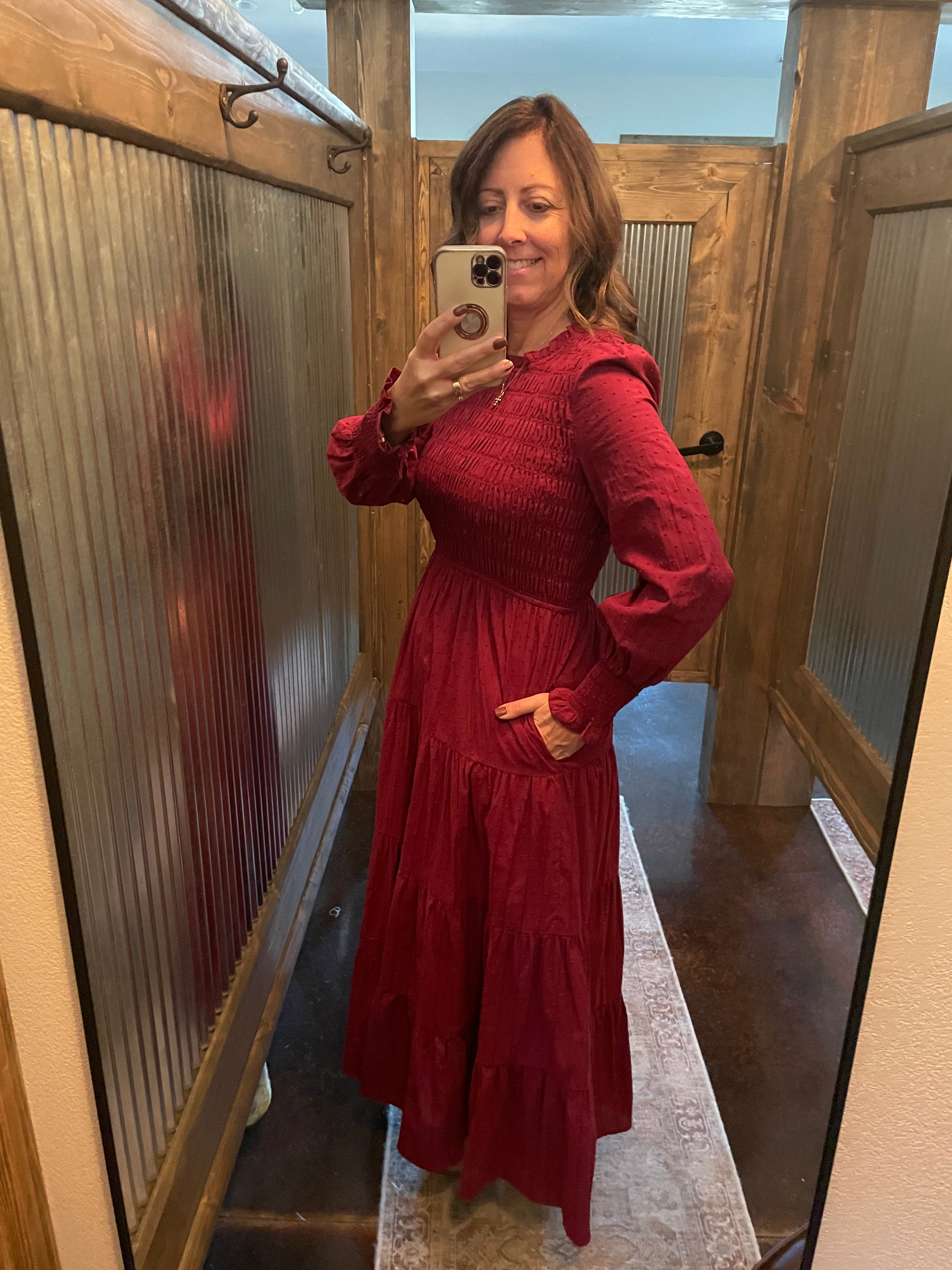 SMOCKED SWISS DOT MAXI DRESS