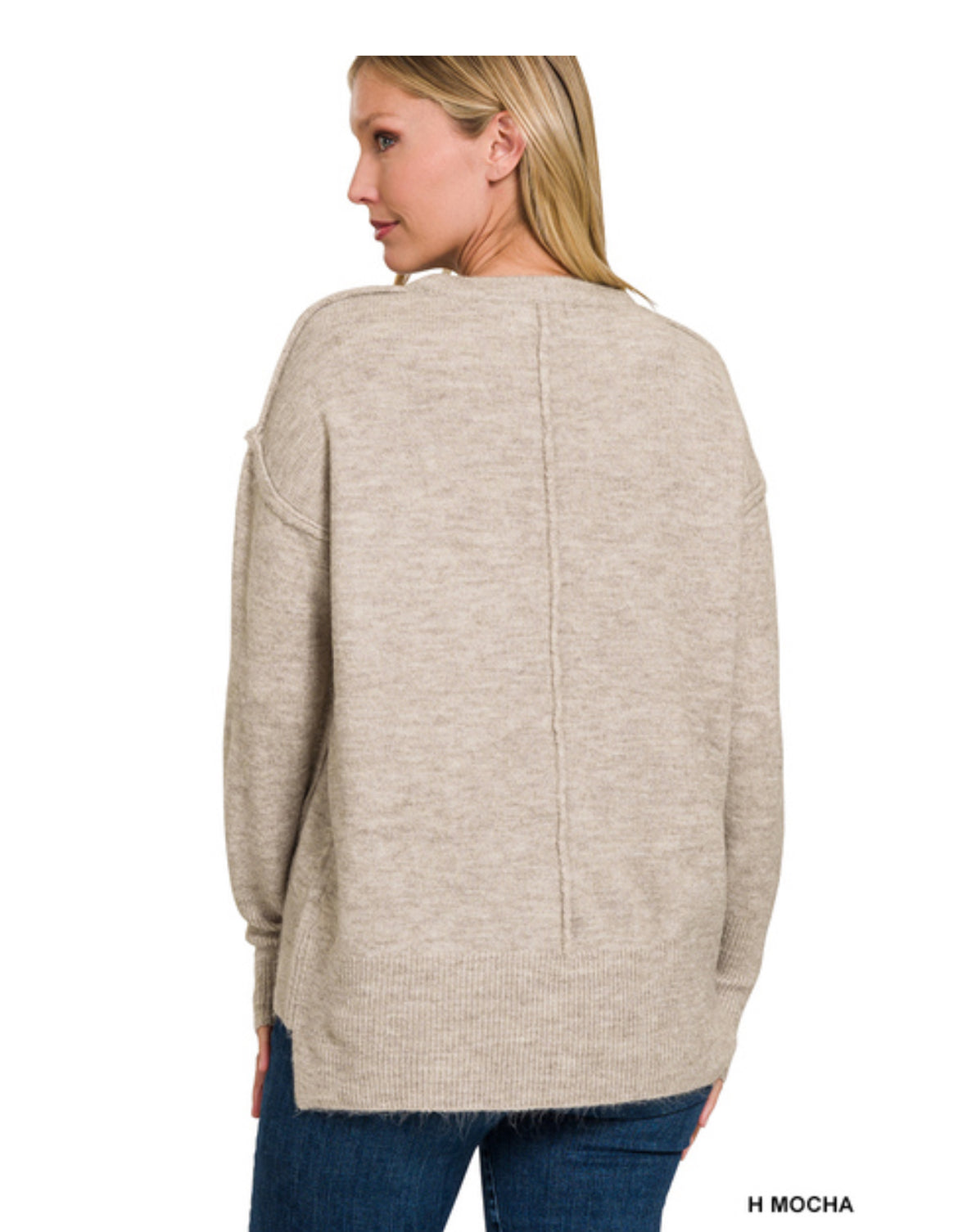 Hi-Low Hem Pocket Round Neck Sweater