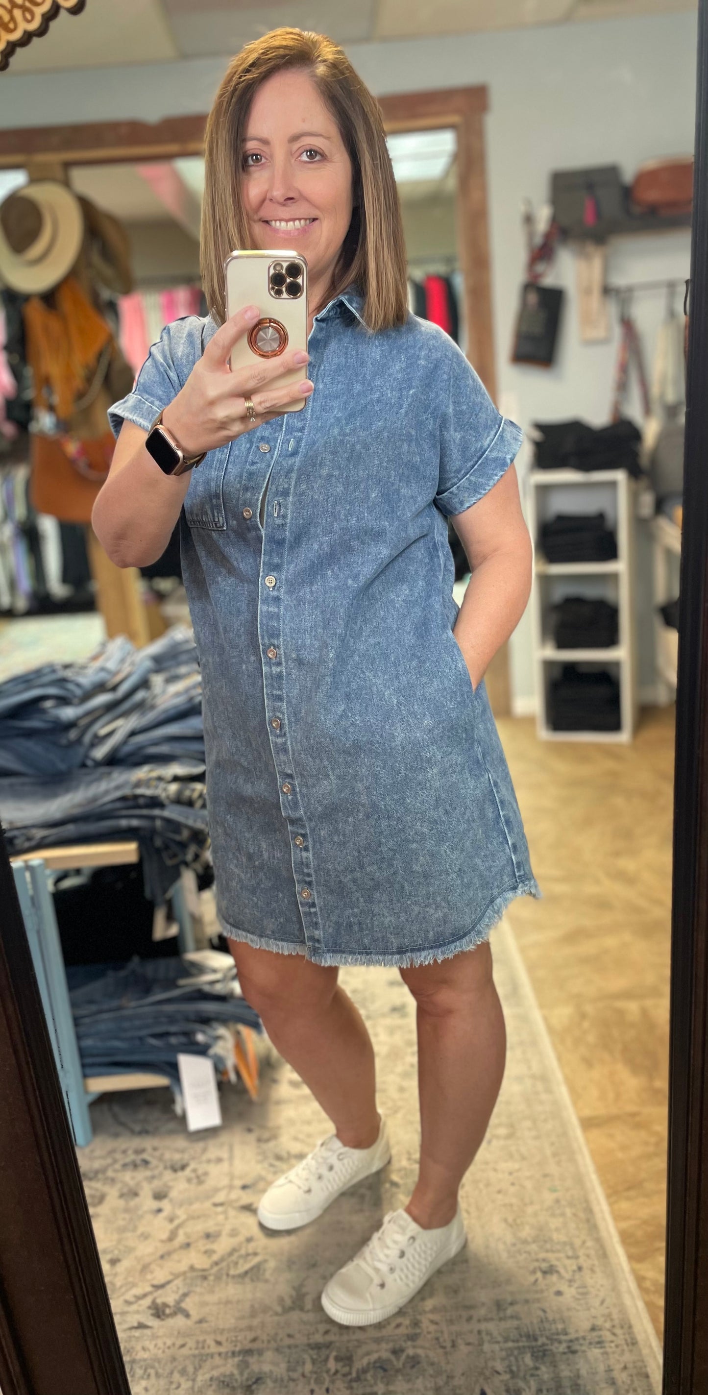 Frayed Hem Denim Shirt Dress