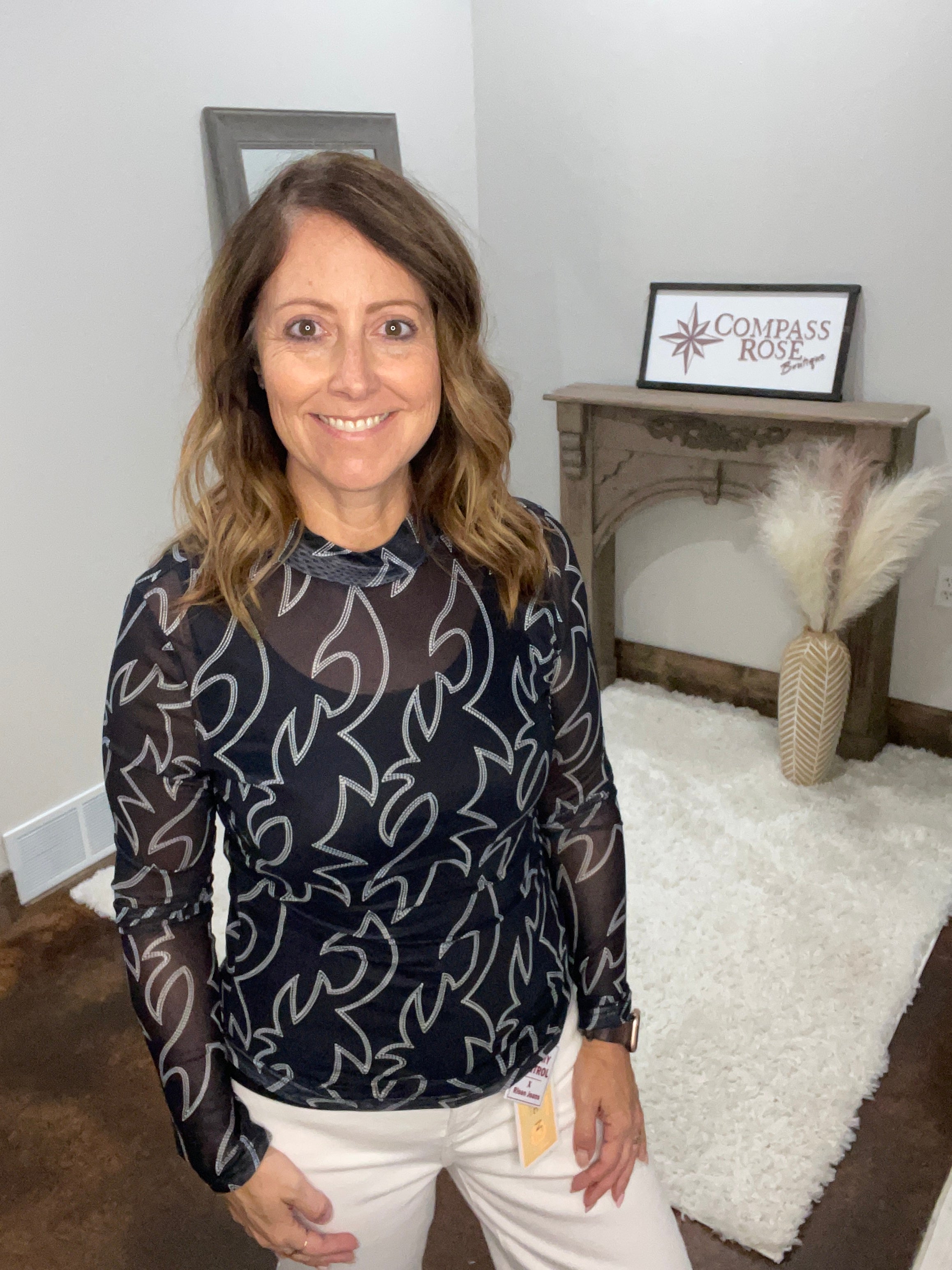 Boots Stitch Mesh Mock Neck Fitted Top