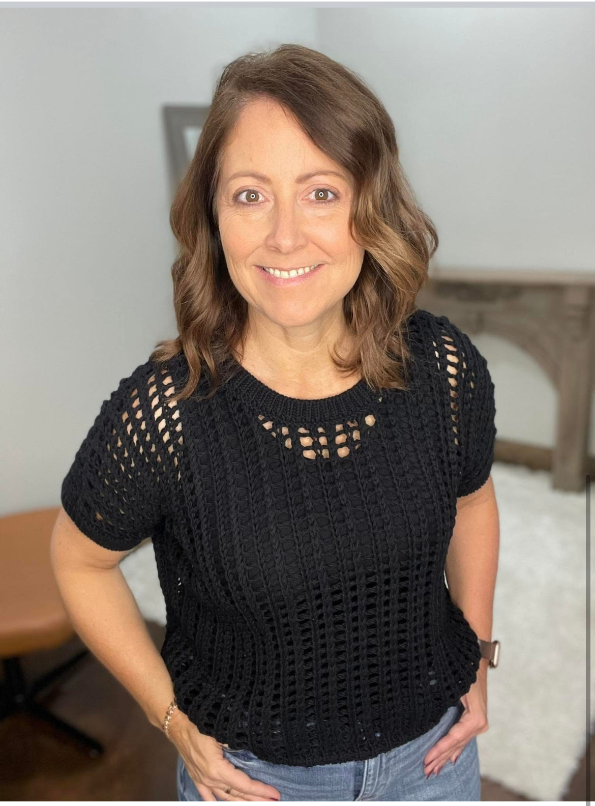 Fish Net Short Sleeve Crochet Sweater