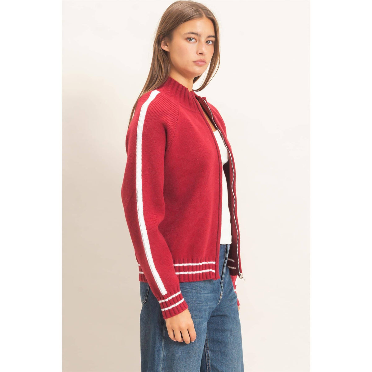 Contrast Stripe Zip-Up Sweater