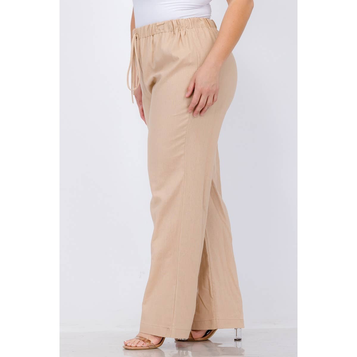 LINEN ELASTIC WAIST WIDE LEG PANTS