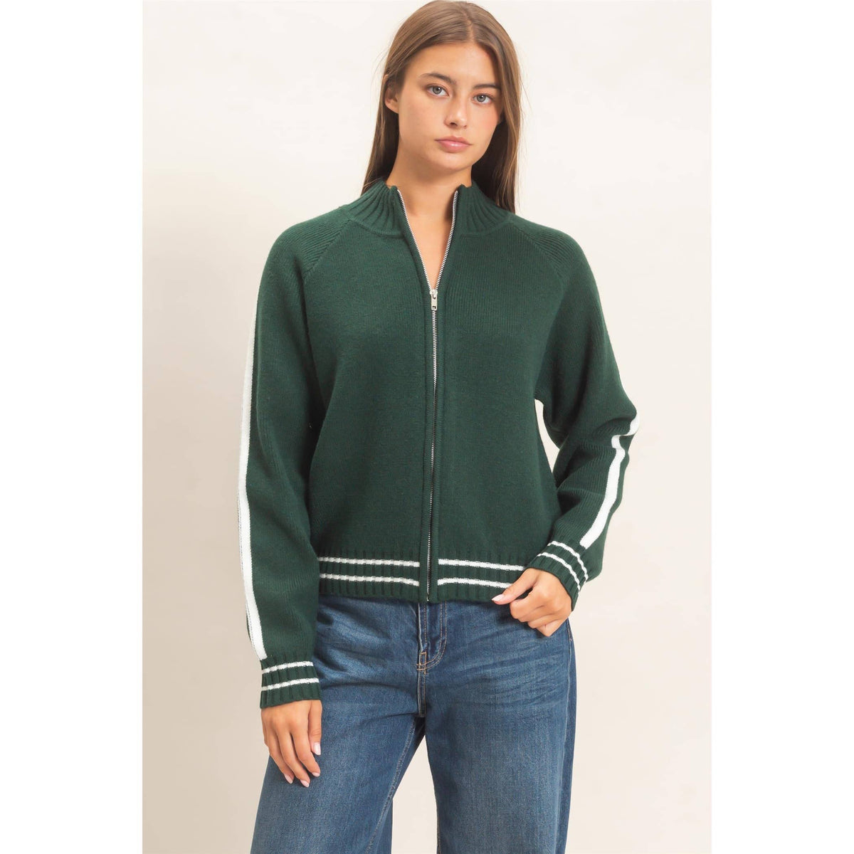 Contrast Stripe Zip-Up Sweater