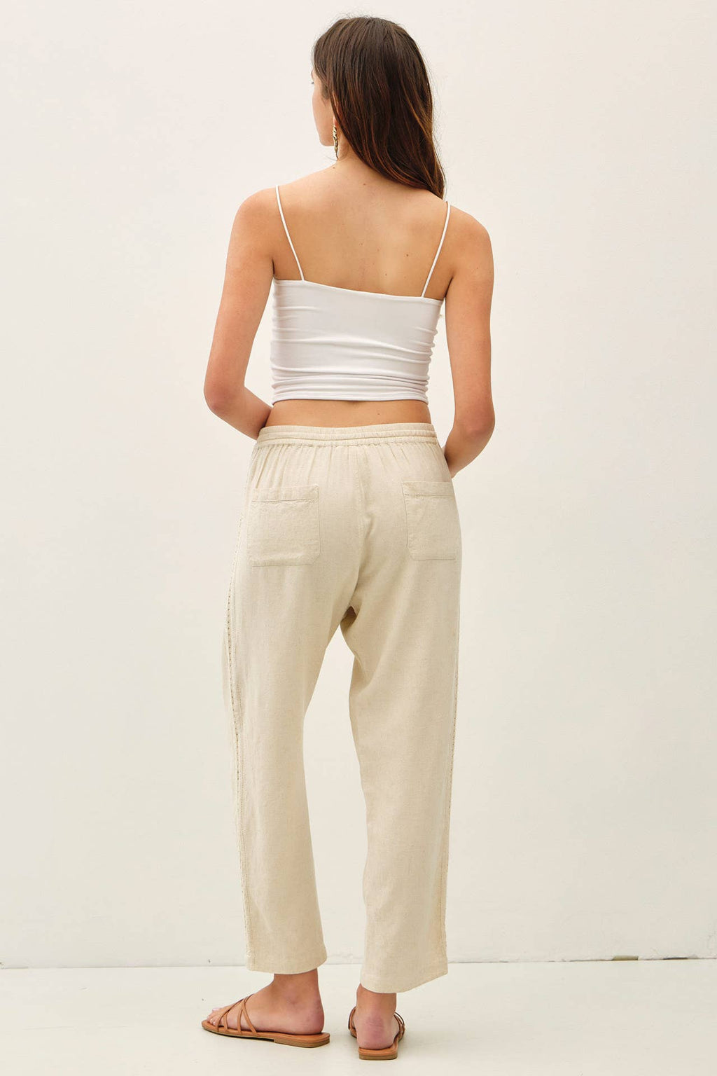 Lace Trim Tapered Linen Pants