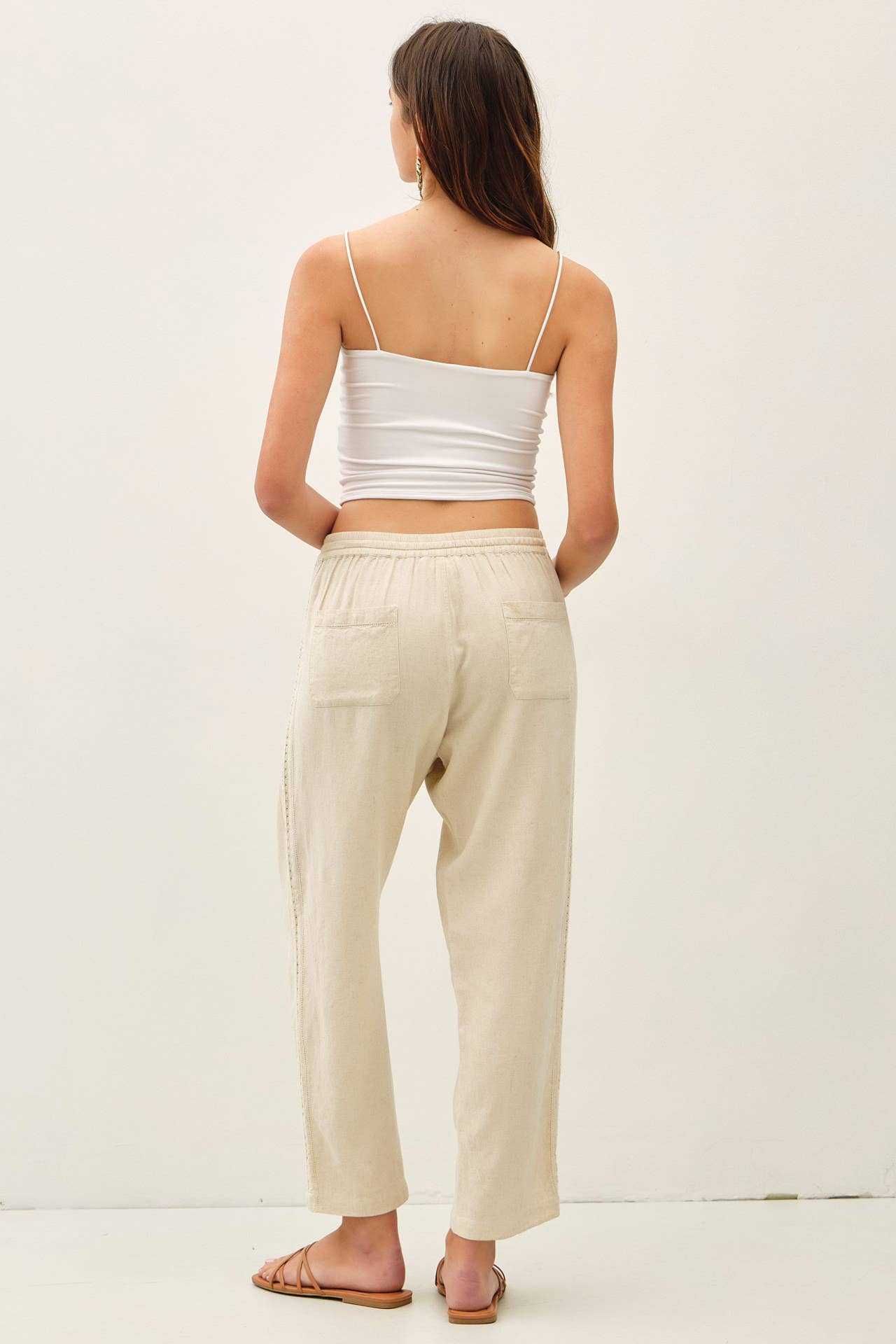 Lace Trim Tapered Linen Pants