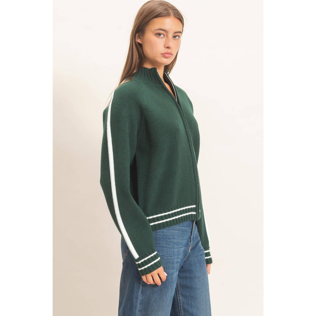 Contrast Stripe Zip-Up Sweater