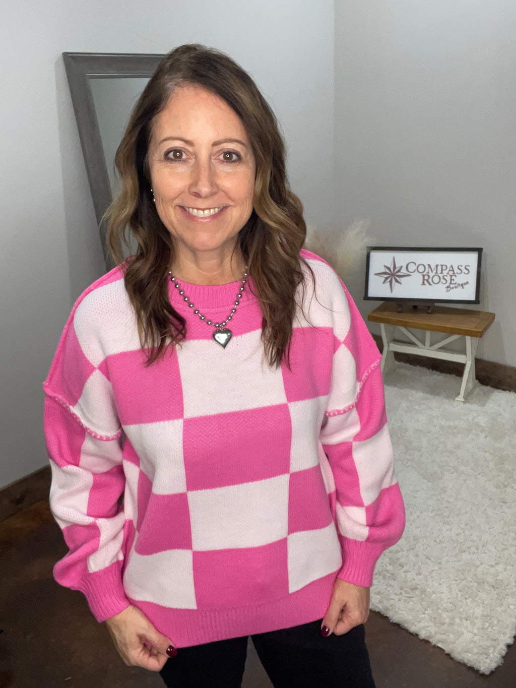 Valentine Checkered Bishop Sleeve Sweater