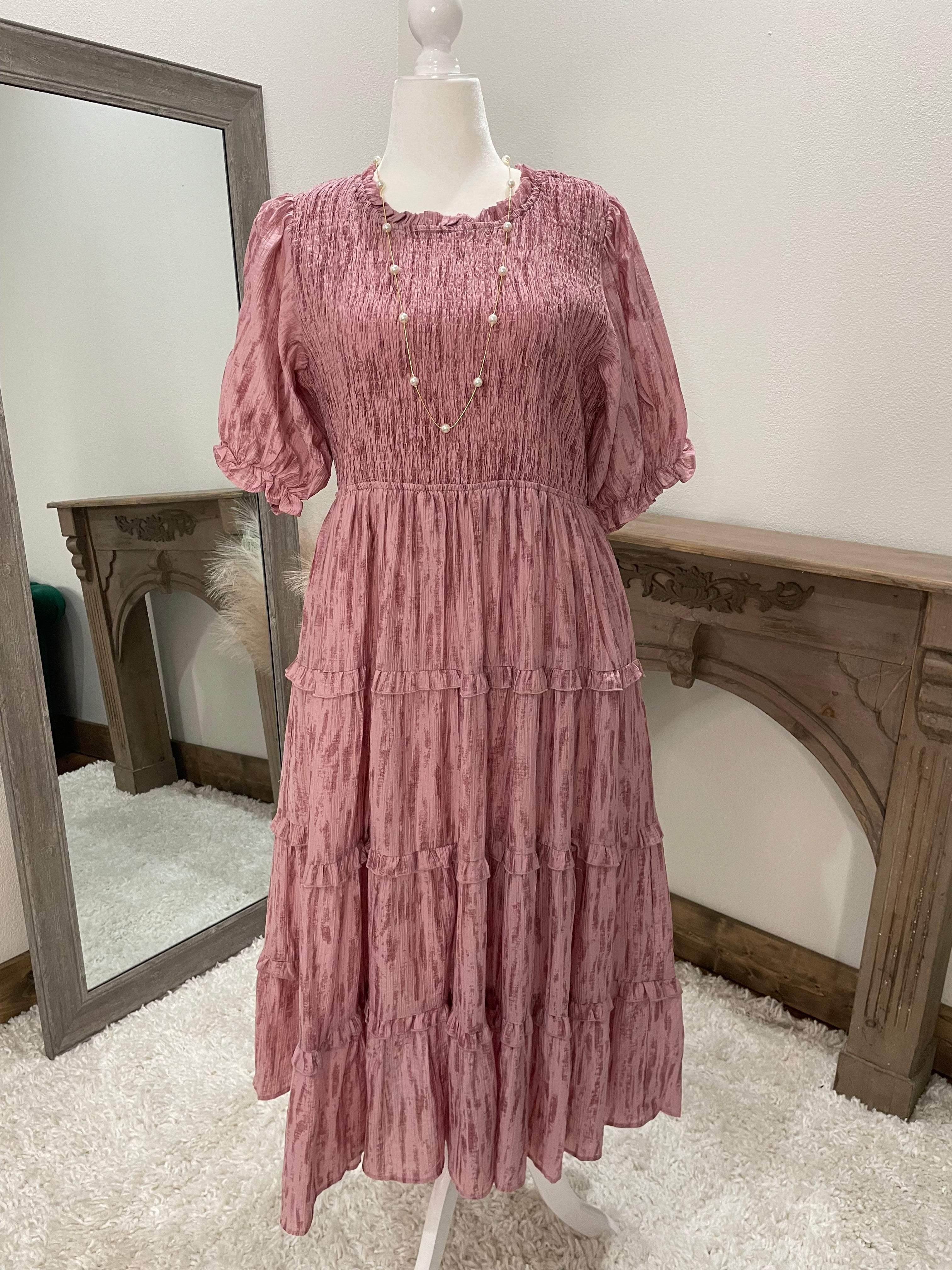 SMOCKED BODICE TIERED MIDI DRESS