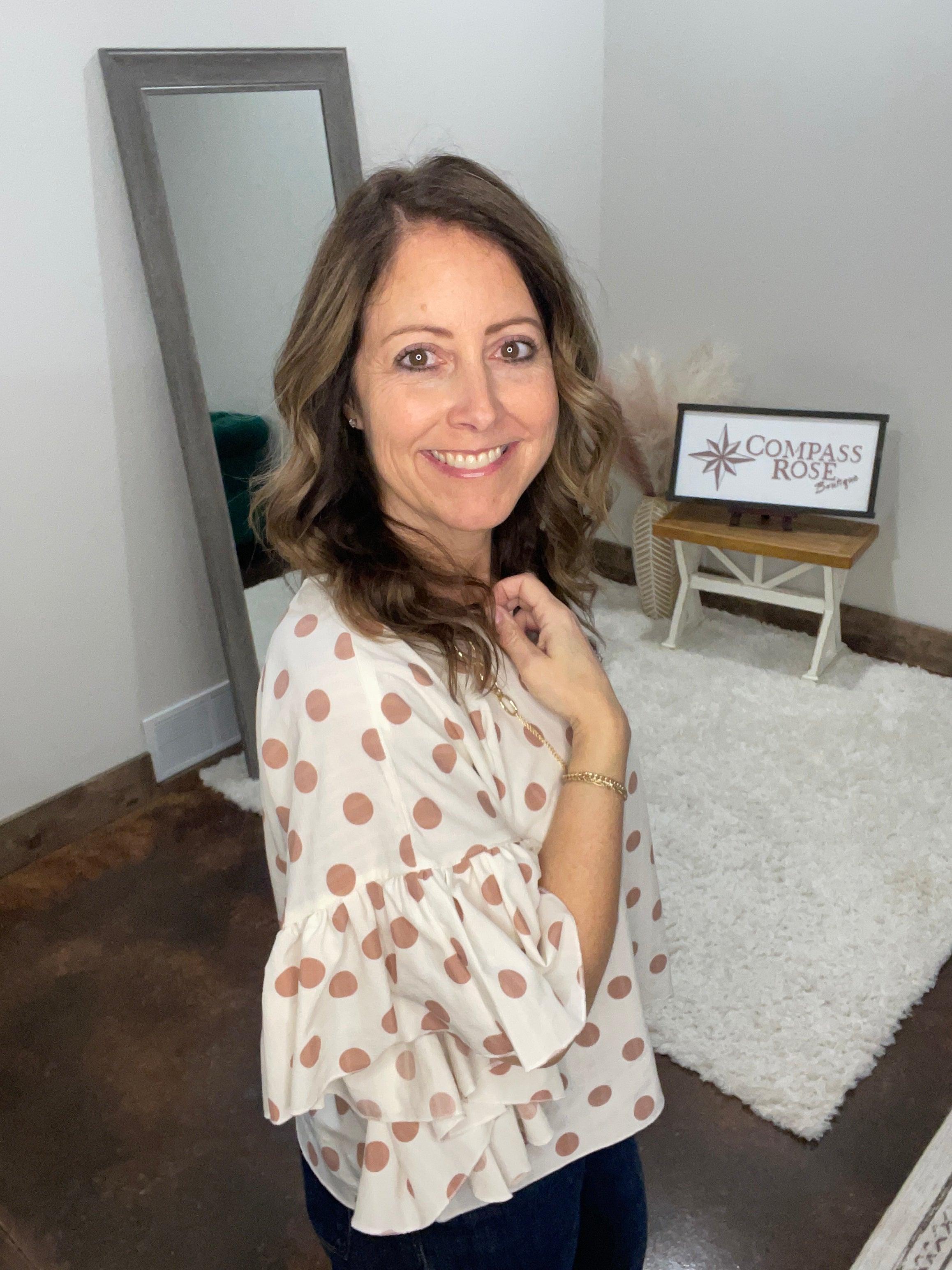 Polka Dot Ruffle Sleeve Flowy Top