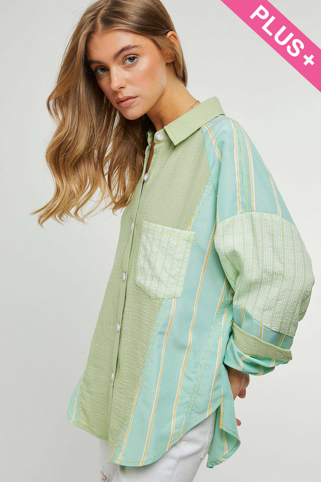 PLAID STRIPE MIXED MATCH BUTTON FRONT SHIRT