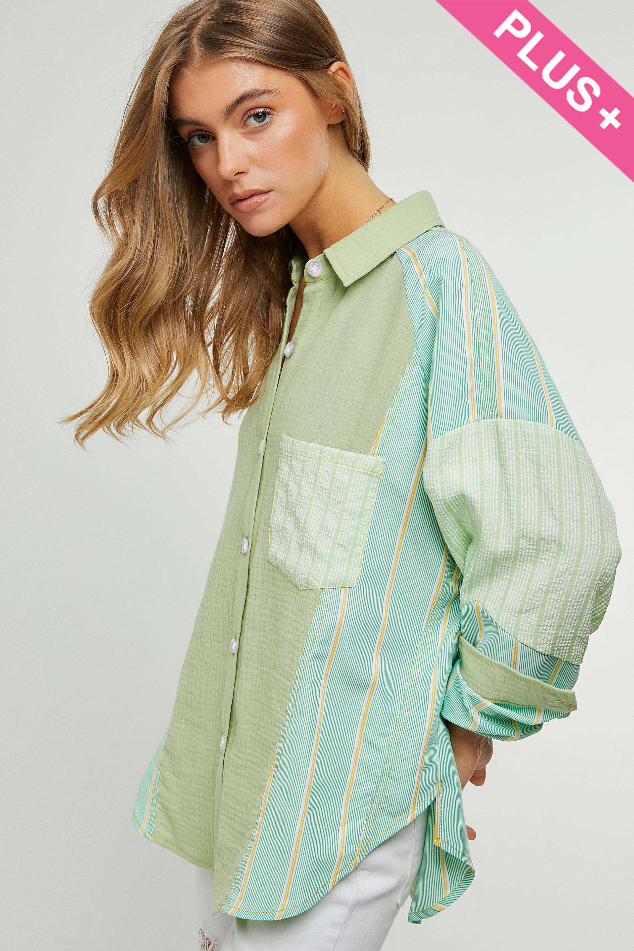 PLAID STRIPE MIXED MATCH BUTTON FRONT SHIRT