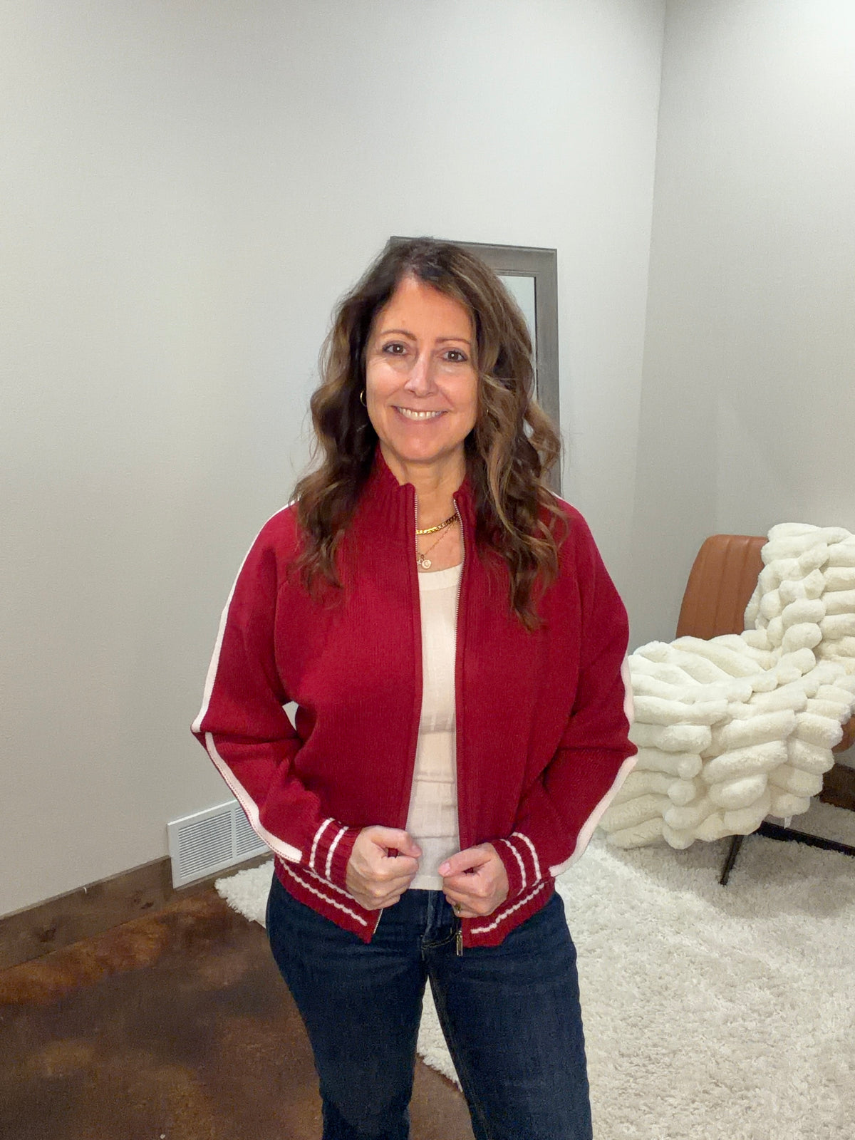 Contrast Stripe Zip-Up Sweater