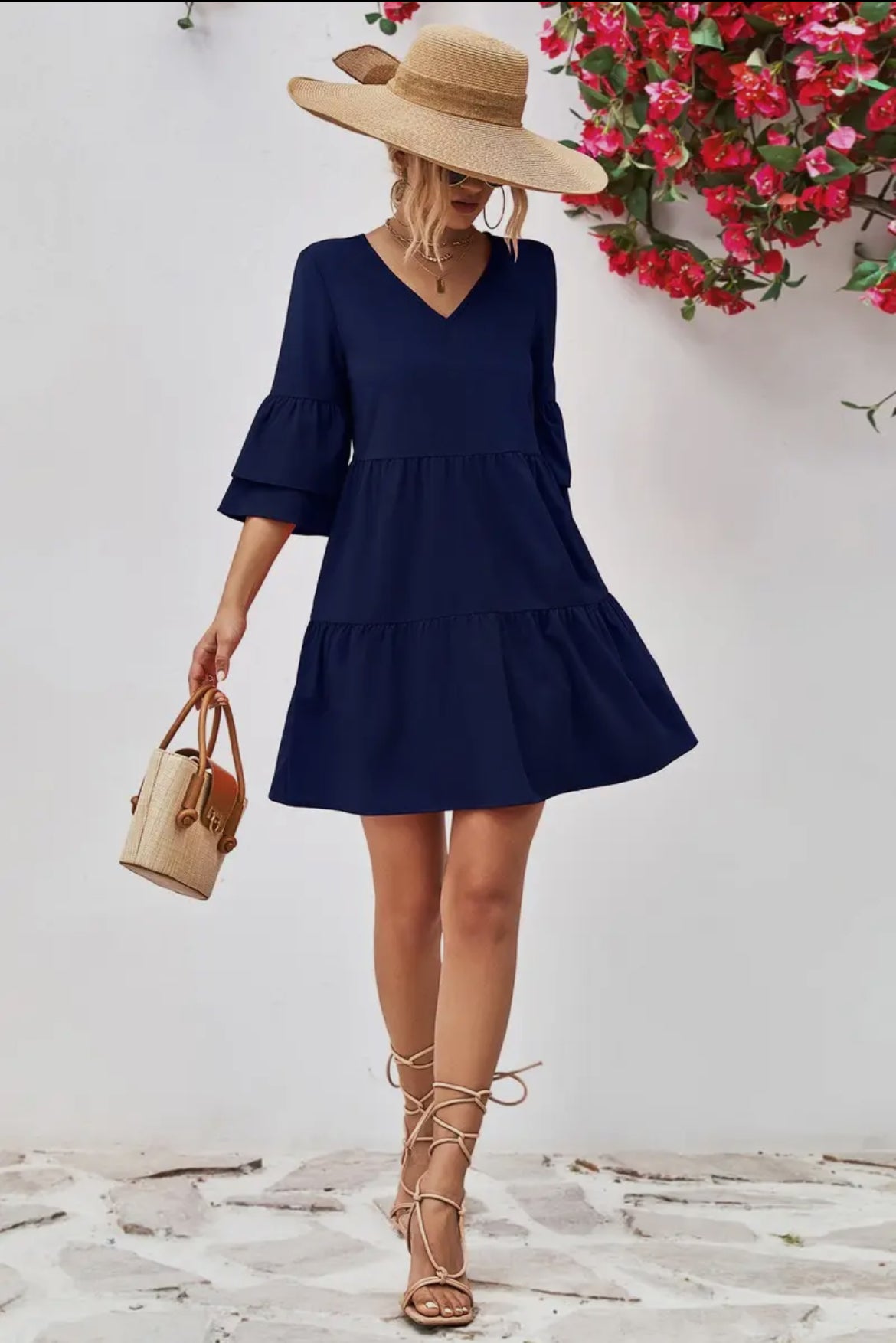 Flare Sleeved V-Neck Dress