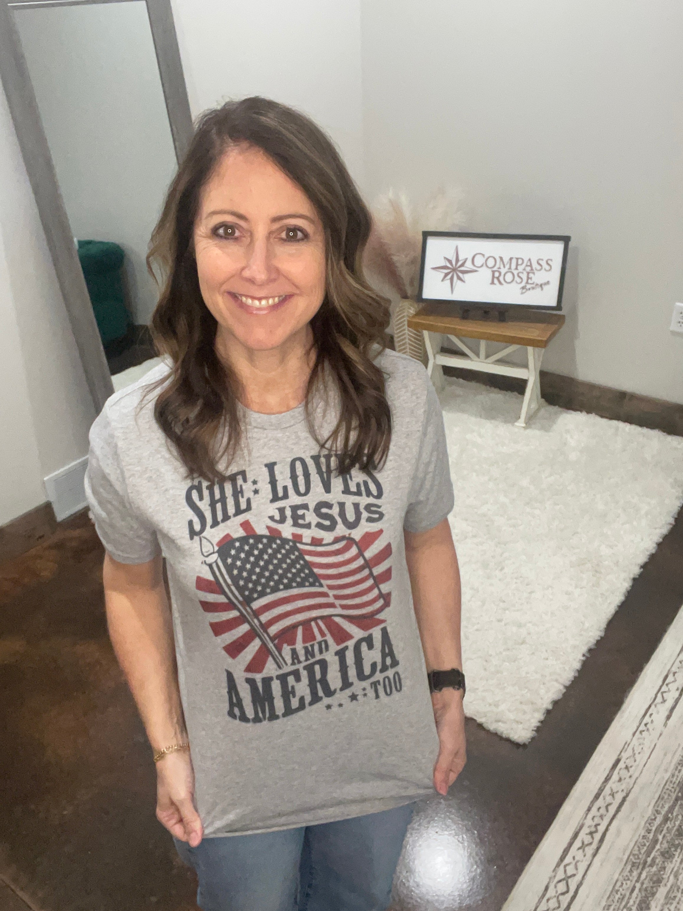 She Loves Jesus and America Too Graphic Tee
