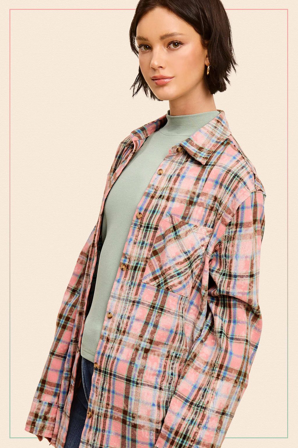ACID WASHED CUT EDGE BUTTON DOWN PLAID SHIRT