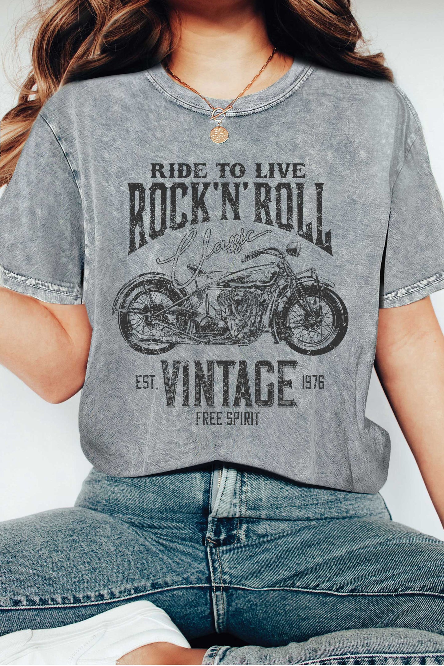 RIDE TO LIVE ROCK AND ROLL MOTORCYCLE MINERAL TSHIRT: GREY