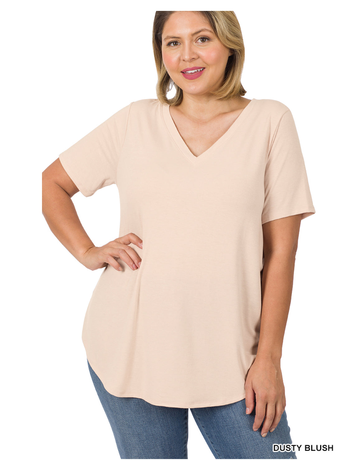V-Neck Short Sleeve Round Hem Top
