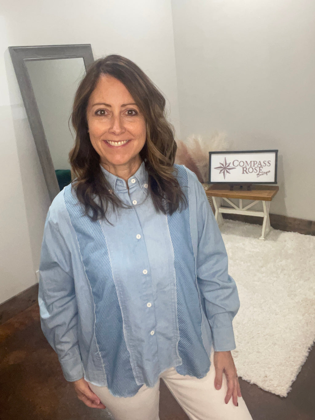 Mixed Fabric Denim Button Down Top