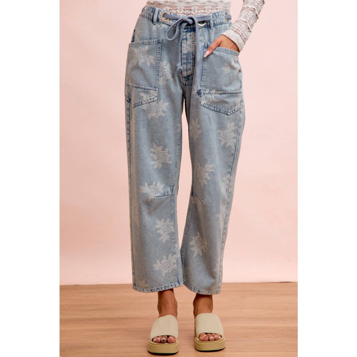 Rose Printed Washed Denim Pants