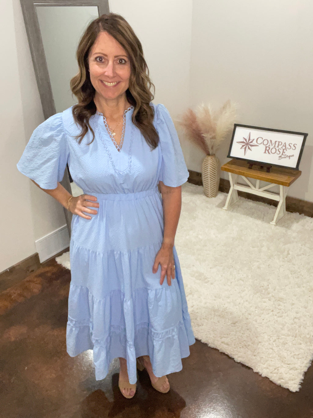 Tiered Midi Dress with Lace Trim