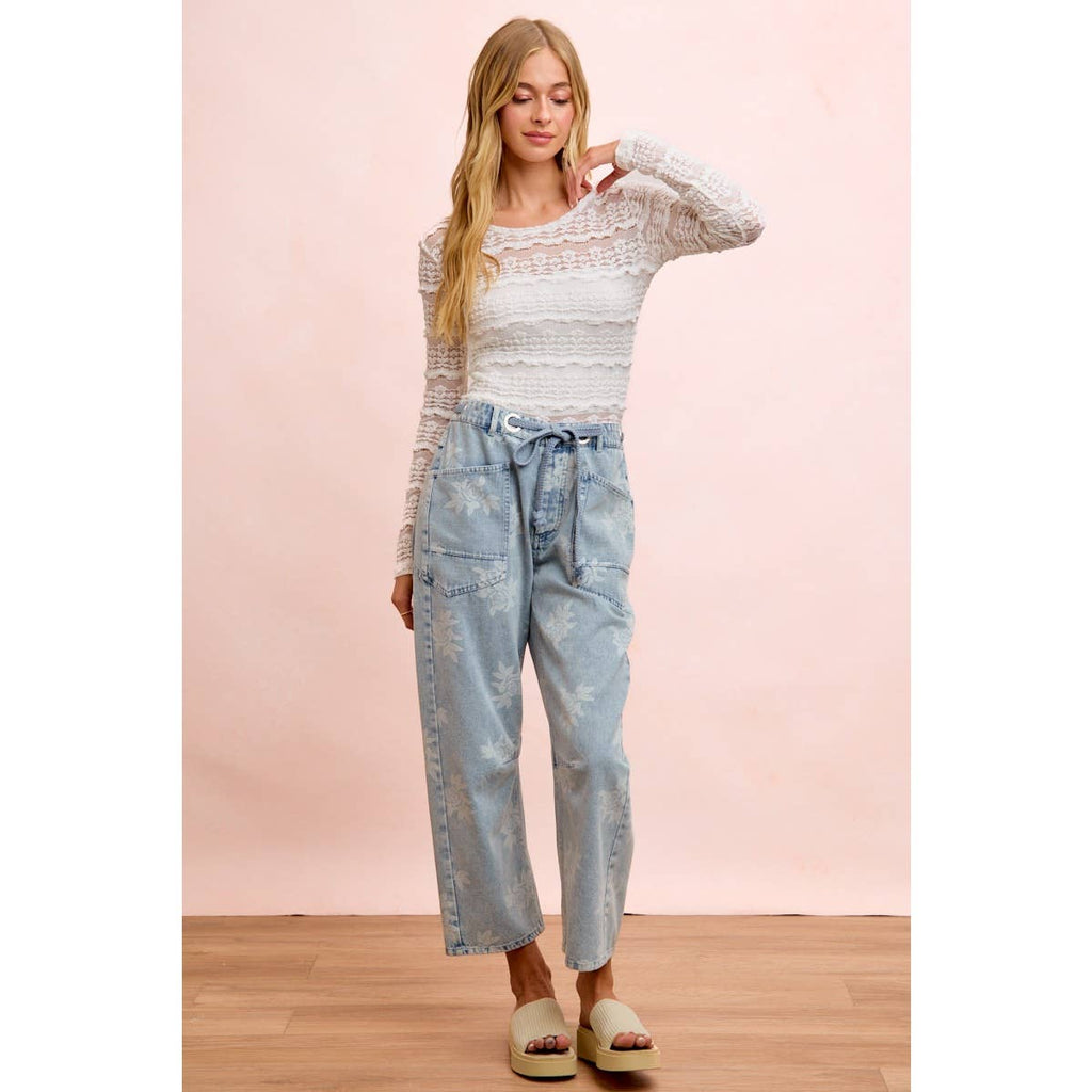Rose Printed Washed Denim Pants