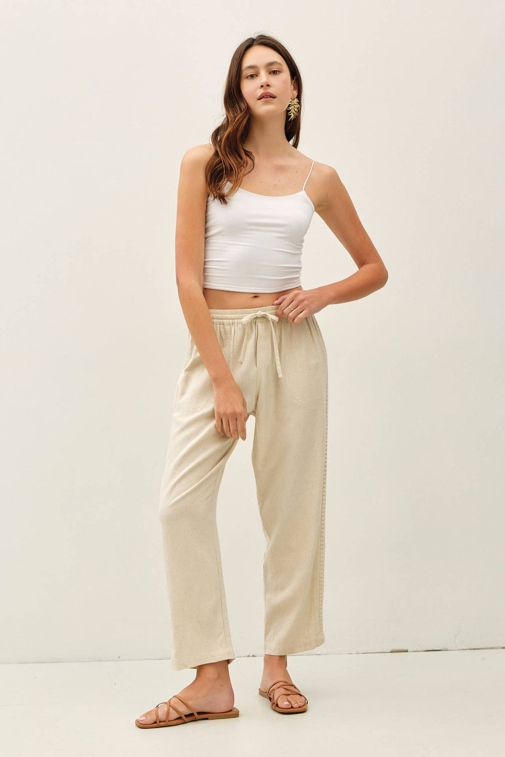 Lace Trim Tapered Linen Pants