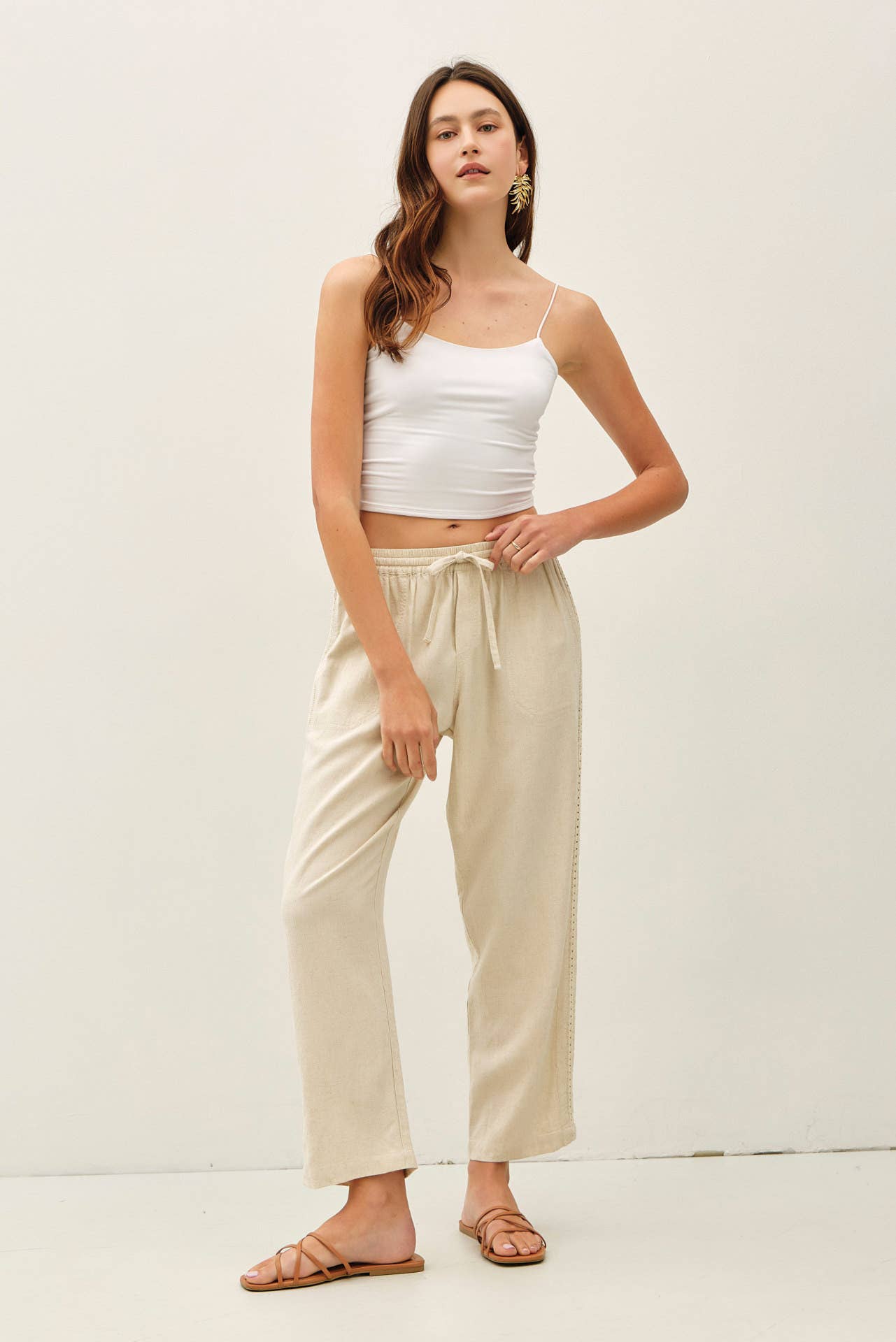Lace Trim Tapered Linen Pants