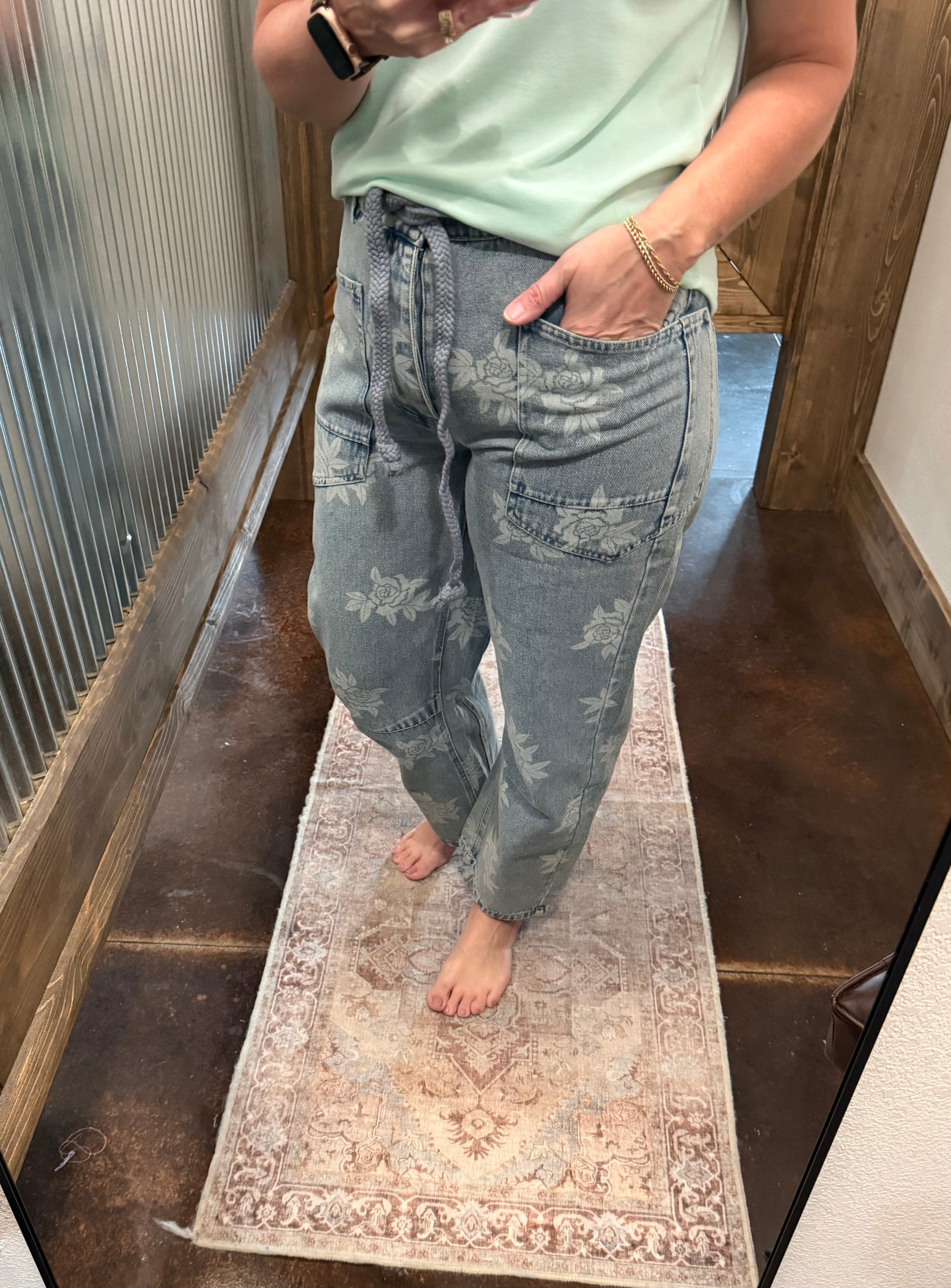 Rose Printed Washed Denim Pants