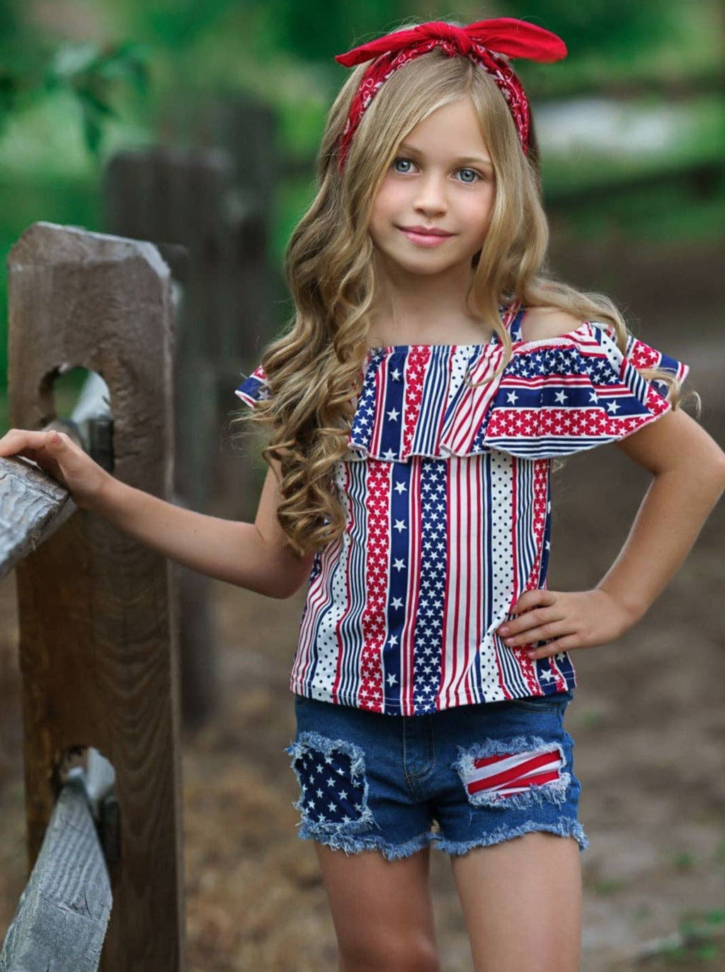 Stars And Stripes Patched Denim Shorts Set