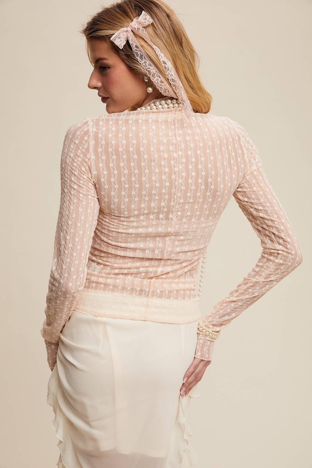 Semi Sheer Textured Lace Long-Sleeve Layering Top