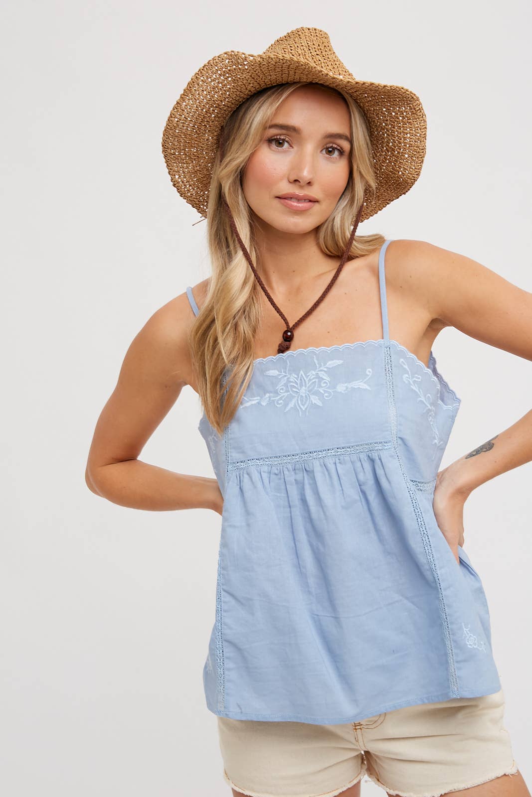 EMBROIDERED BABY DOLL CAMI TOP