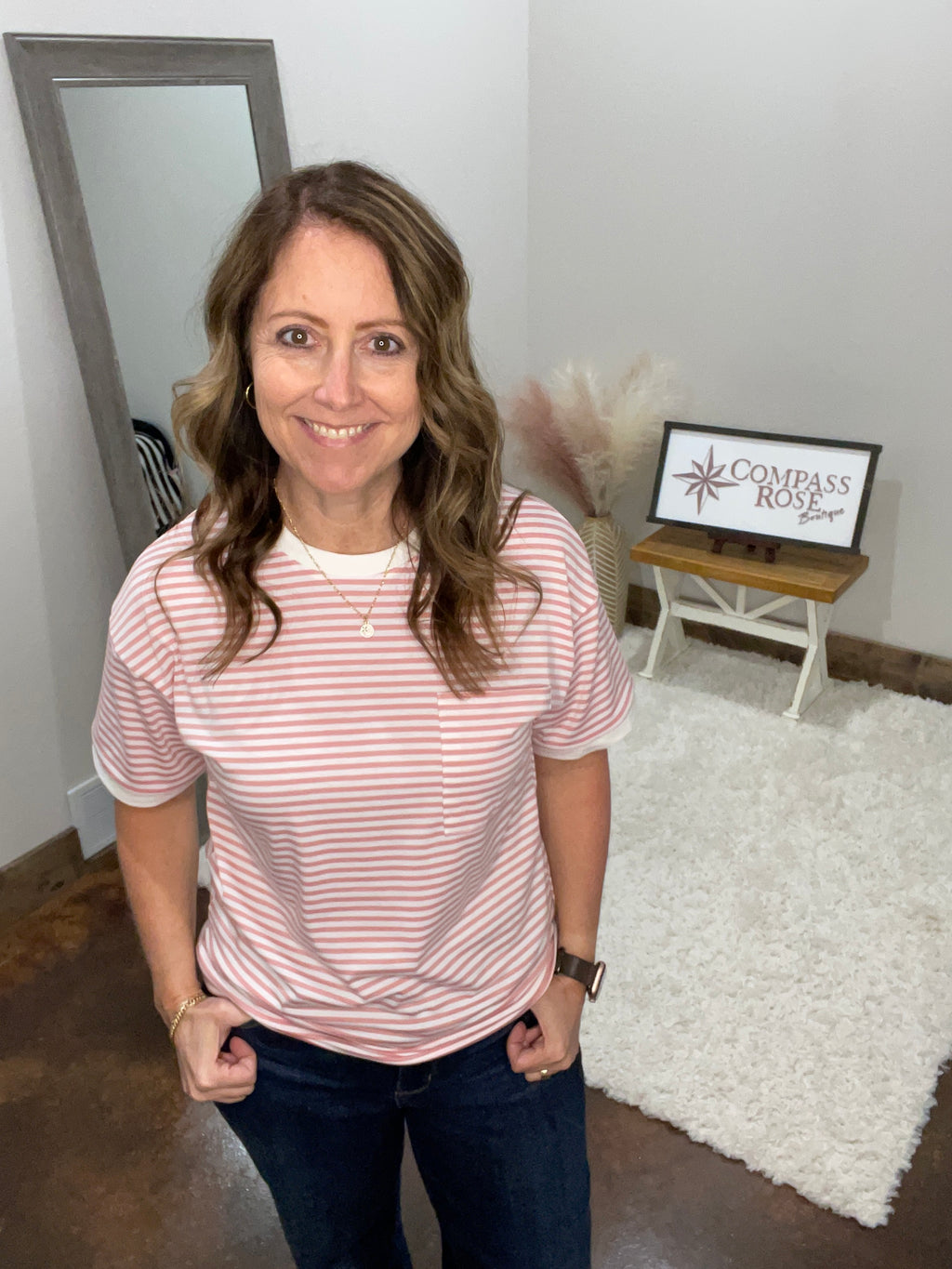 Crew Neck Pocket Striped Top