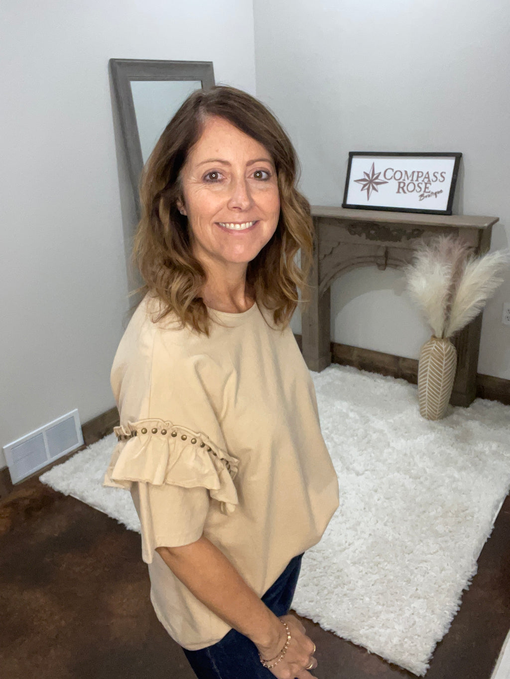 Ruffle SLV Studded Loose Dolmen Shirt