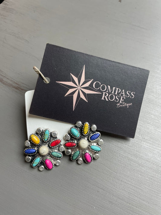 Multi-Color Stone Concho Post Earrings