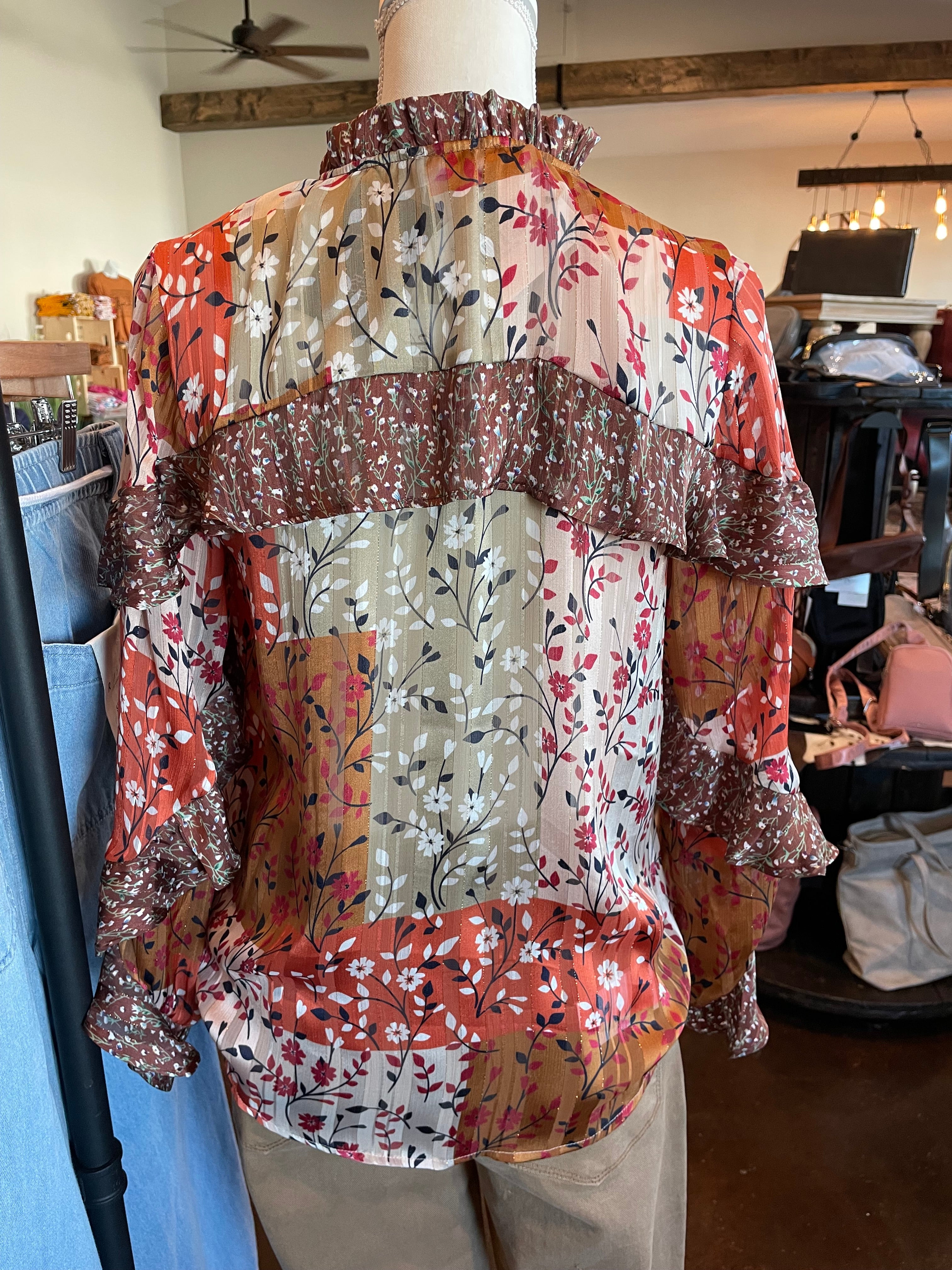 Mixed Print Ruffle Top in Autumn Patchwork