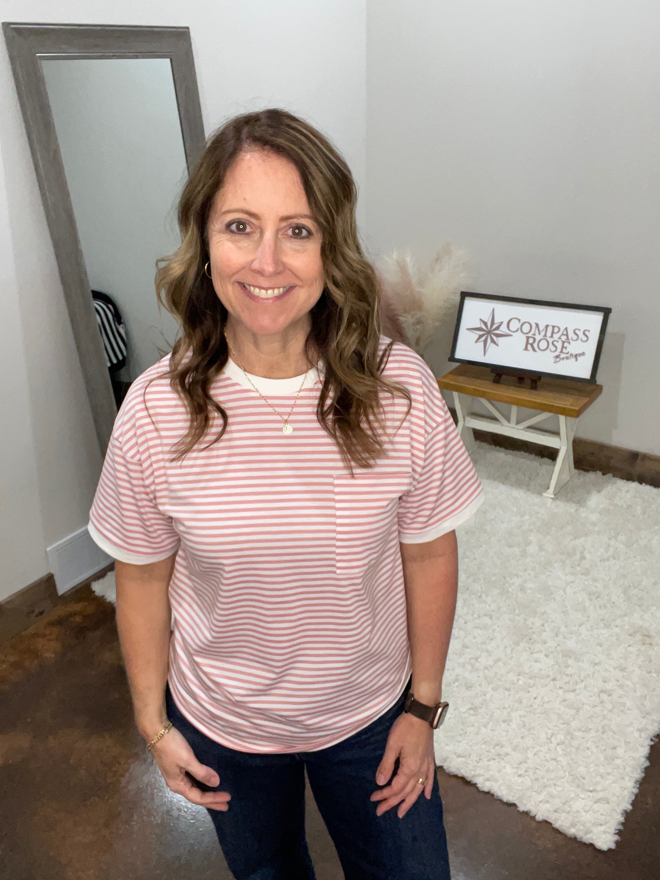 Crew Neck Pocket Striped Top
