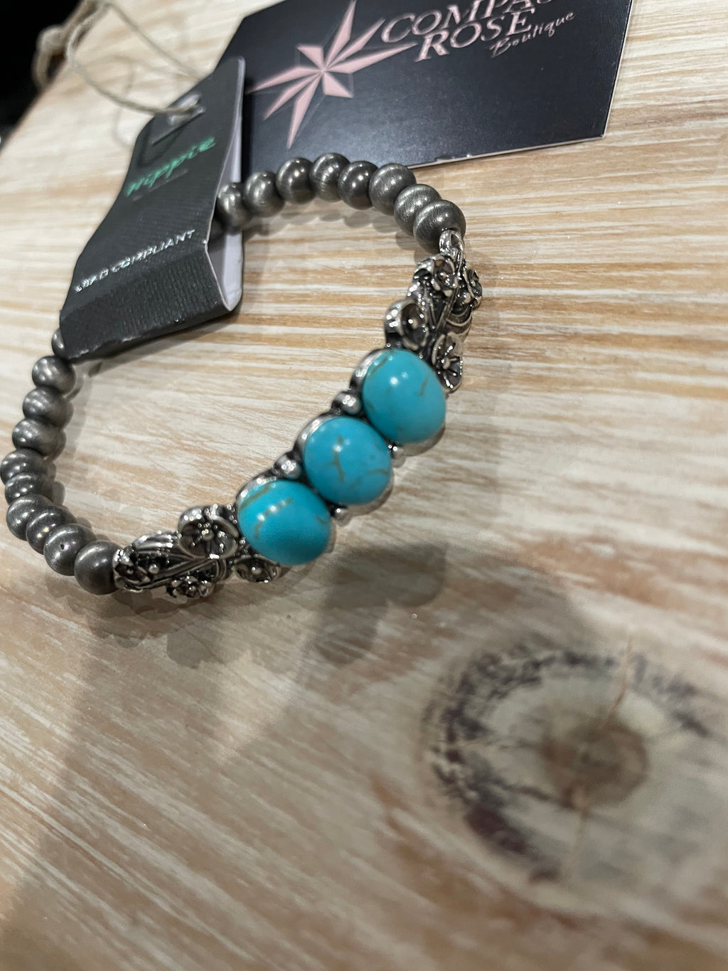 Silver Bead Triple Turquoise Stone Bracelet