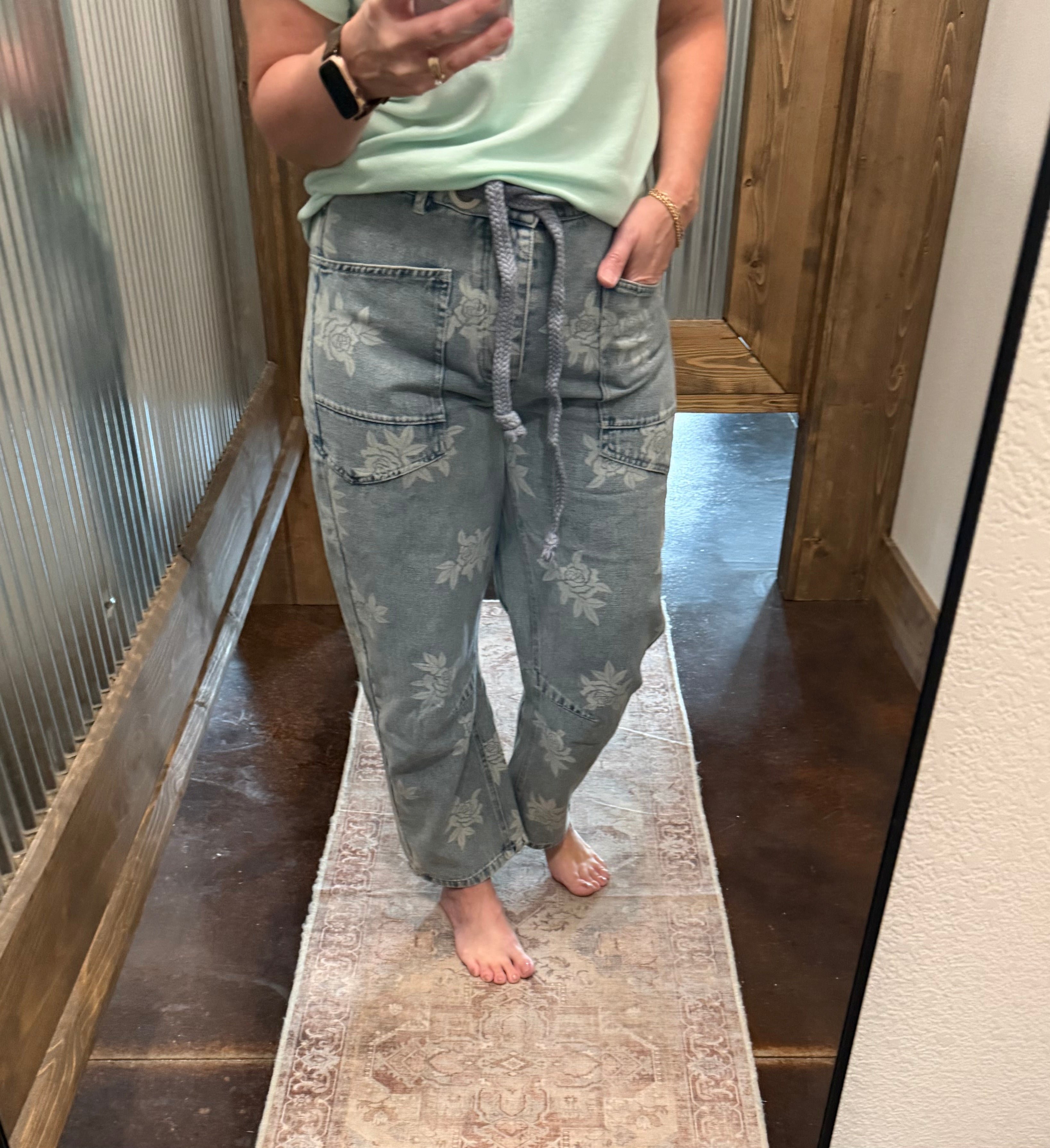 Rose Printed Washed Denim Pants
