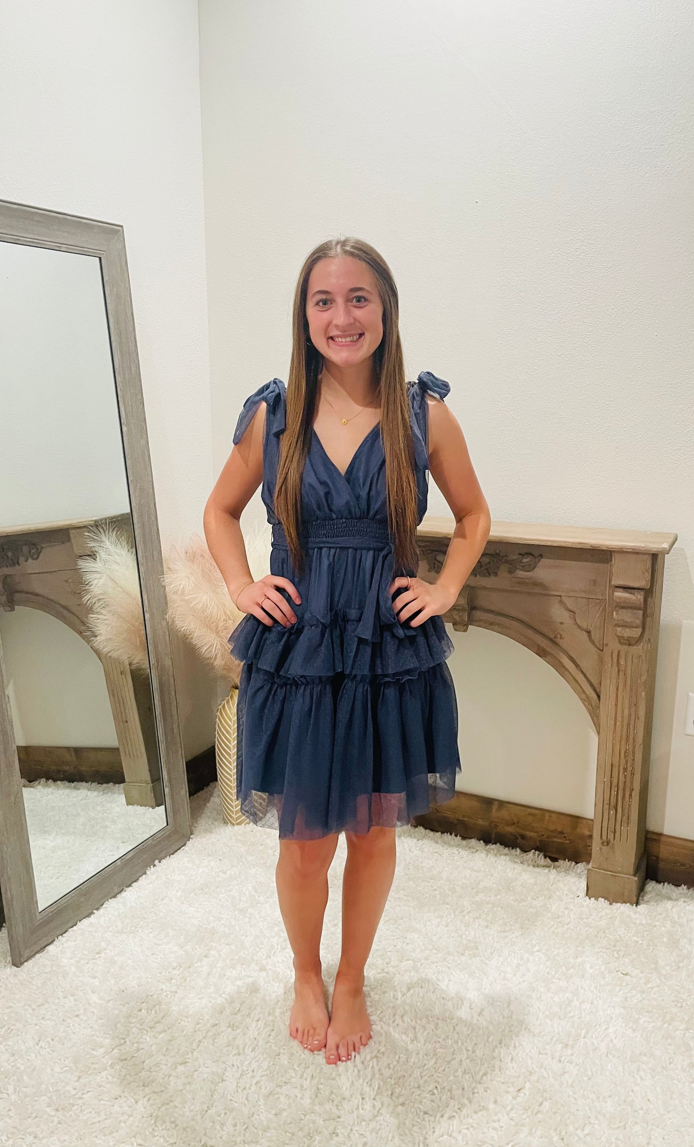 TIE SHOULDER POLKA DOT MESH DRESS