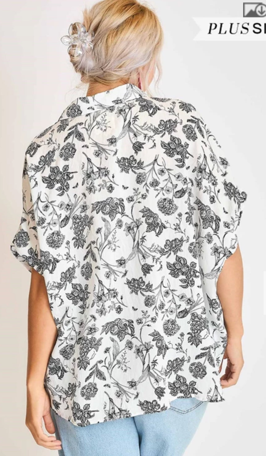 Two Tone Floral Print Button Down Top