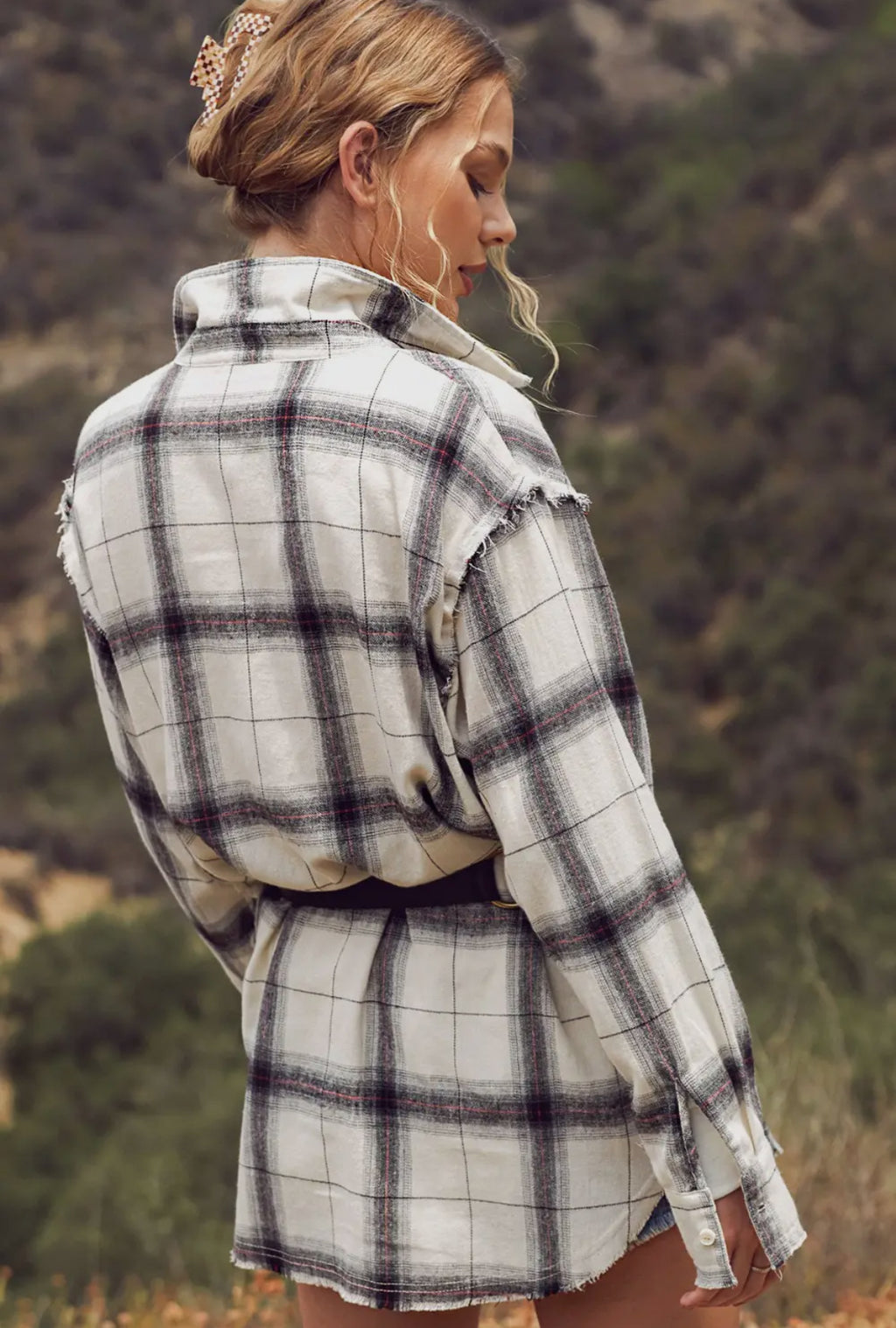Loose Fit Button Down Cut Edge Detailed Plaid Shirts
