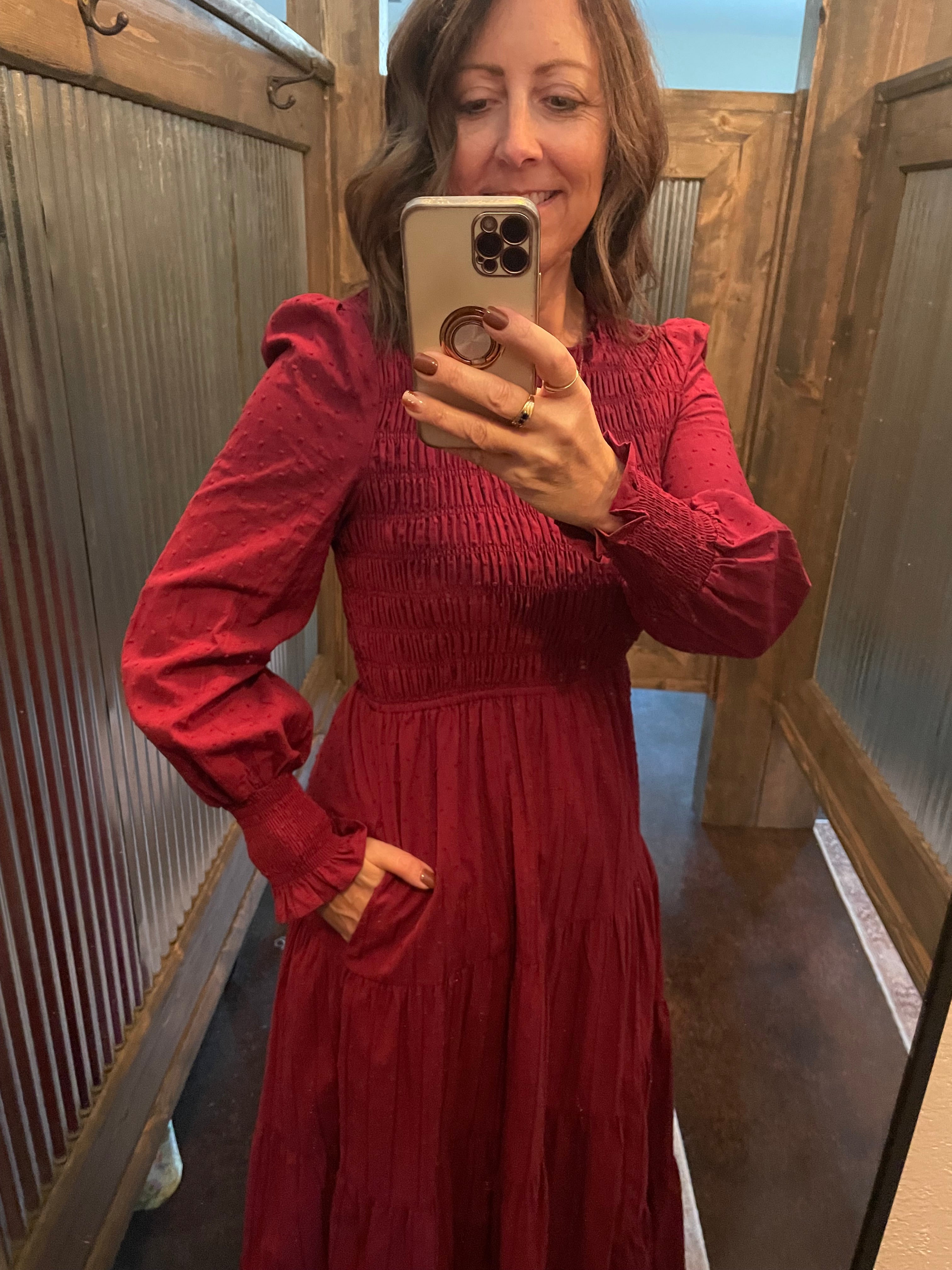 SMOCKED SWISS DOT MAXI DRESS