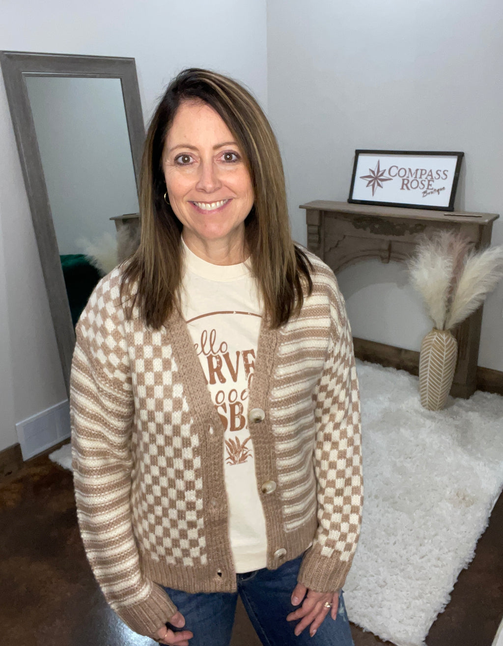 Checker And Stripe Contrast Cardigan