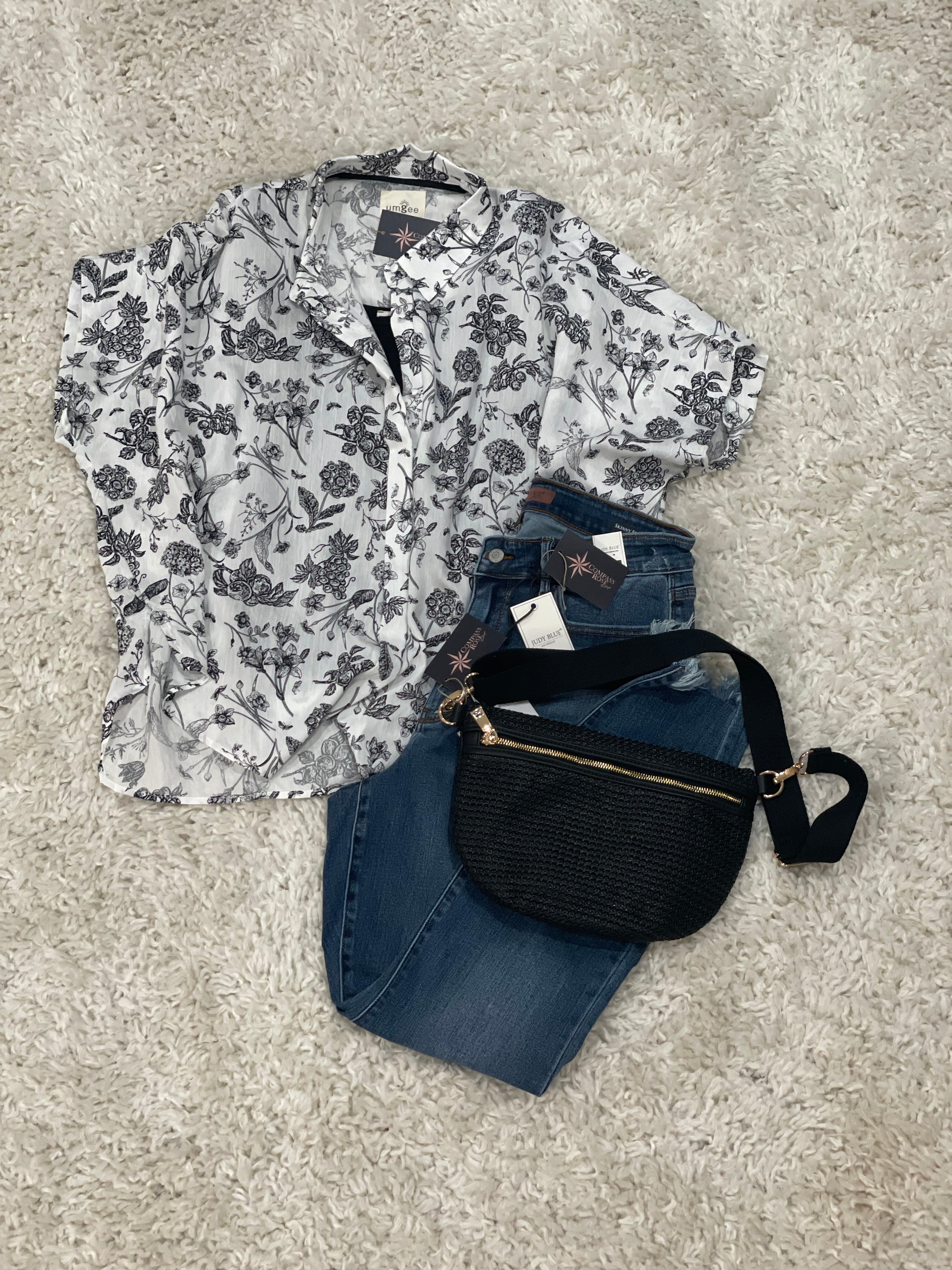 Two Tone Floral Print Button Down Top