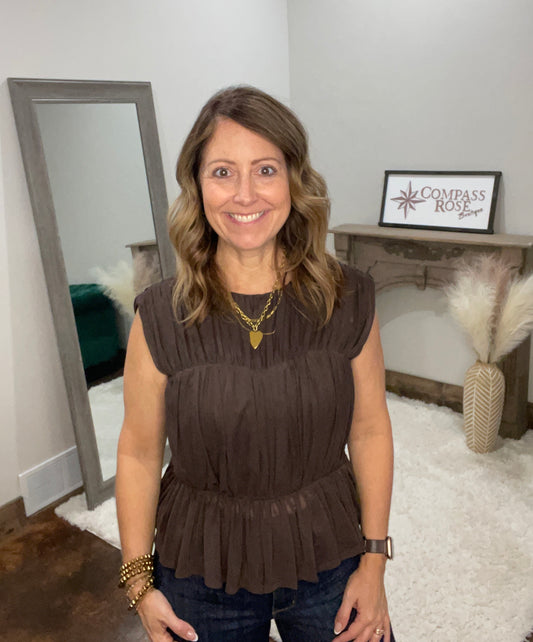SEMI SHEER SHIRRED PEPLUM KNIT TOP