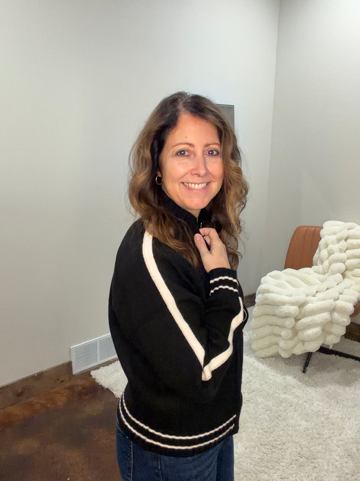 Contrast Stripe Zip-Up Sweater