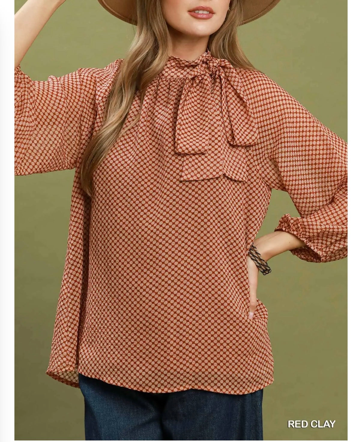 Dot Print Tie Neck Blouse